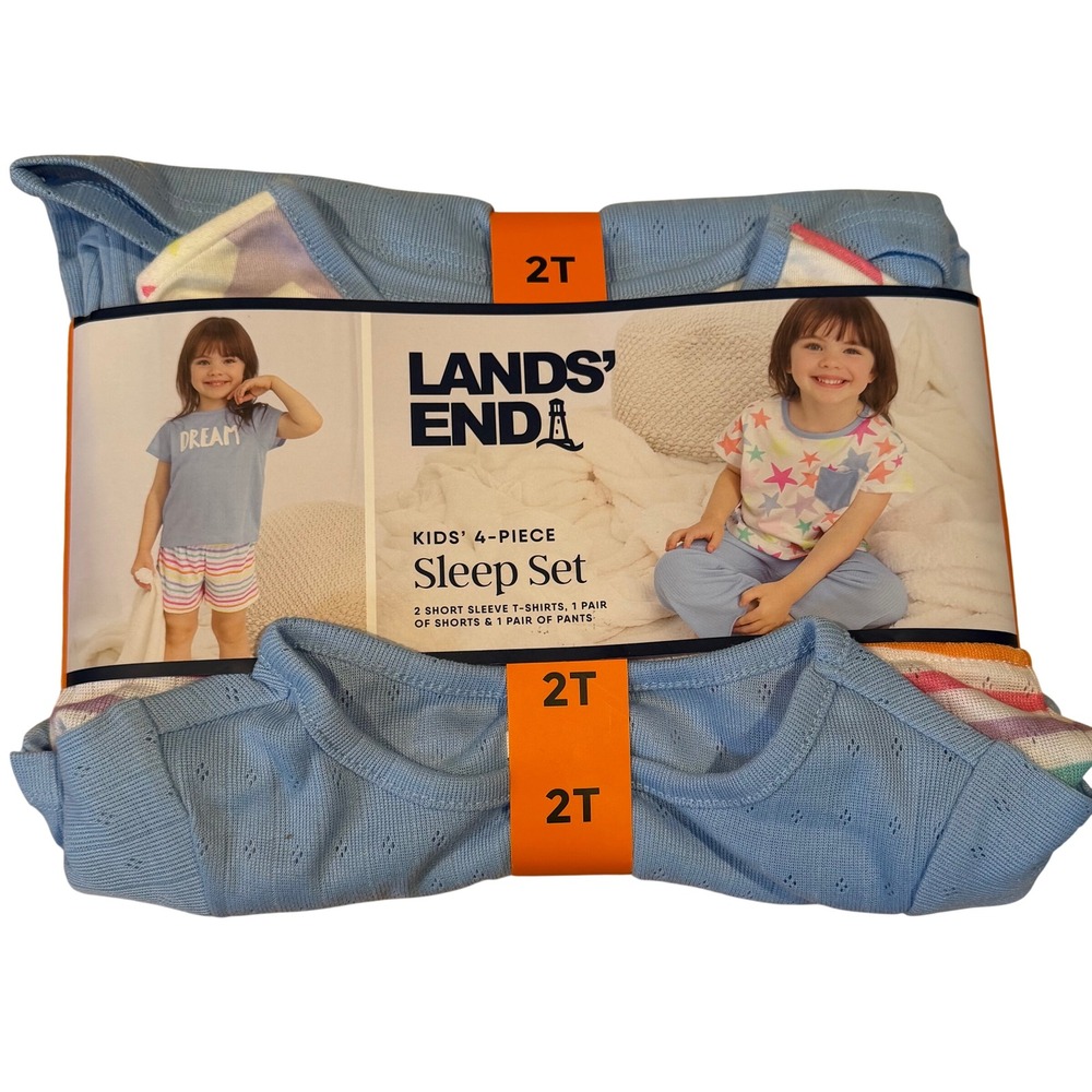 NWT Lands End Kids 4-Piece Sleep Set Light Blue Star Dream Pajamas 2T Cozy Fun